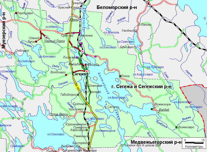 Карта сегежского района с озерами